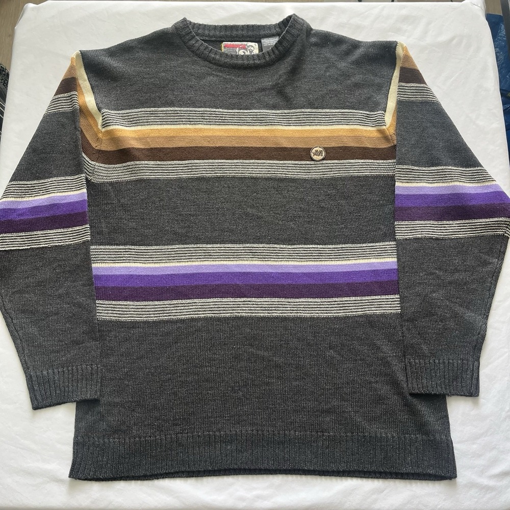 Vintage Mecca Sweater Mens Large Striped Knit Patch Hip Hop Streetwear Y2K